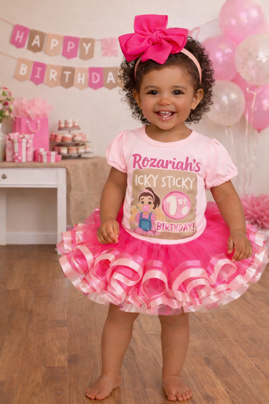Custom 1st Birthday Girl Outfit – Icky Sticky Birthday Shirt & Pink Tutu Set | Ms. Rachel birthday outfit| Personalized First Birthday Outfit